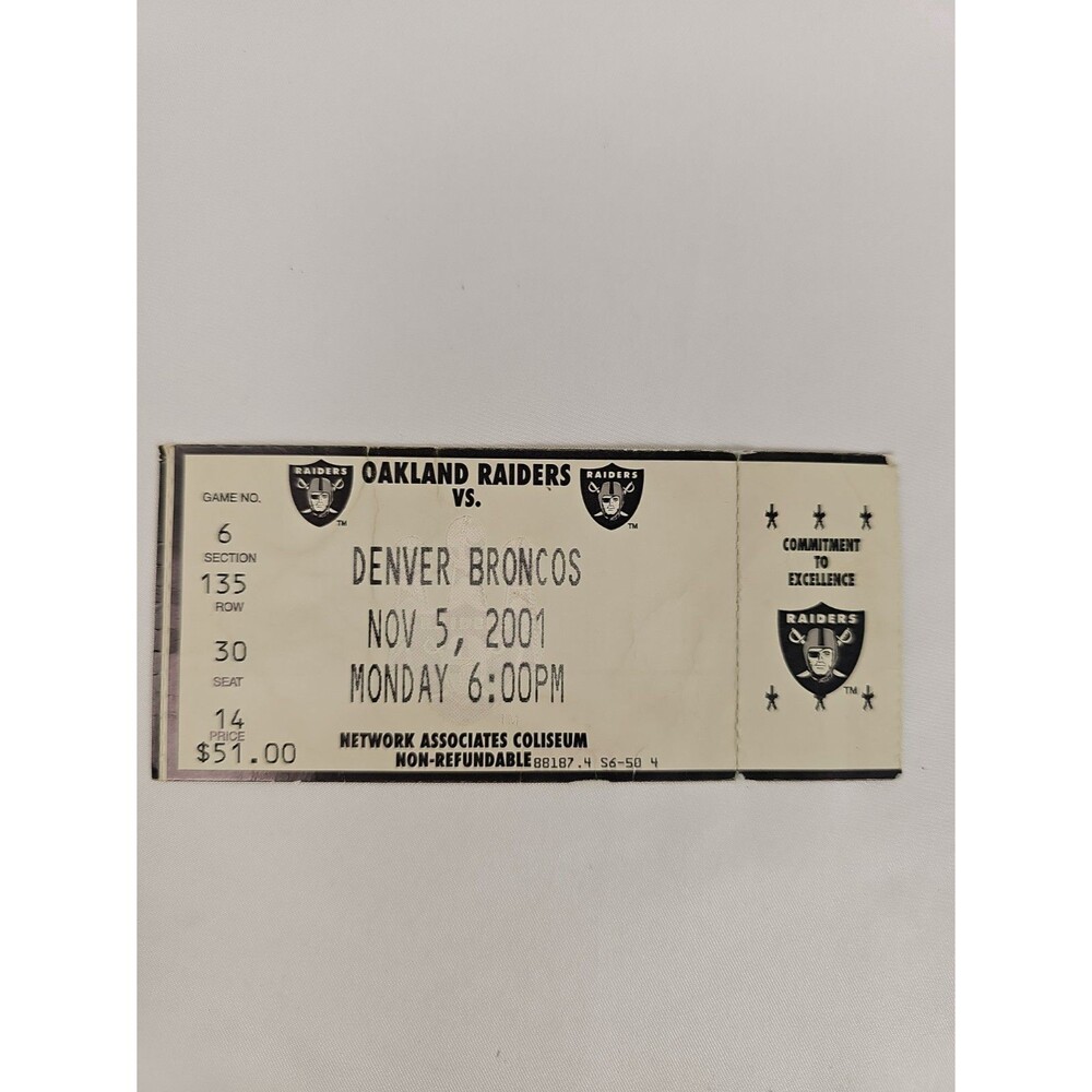 2001 Raiders Broncos Ticket Stub MNF Jerry Rice Nov 5 Oakland NFL Terrel Davis